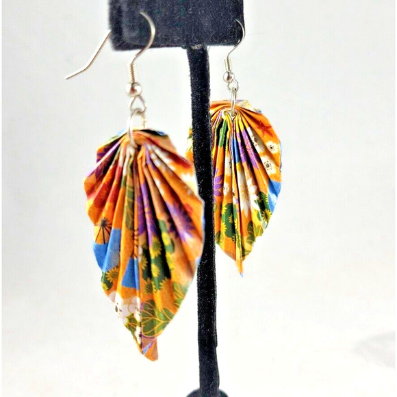 Hand Folded Origami Leaf Earrings Orange Multicolor - Picture 5 of 6